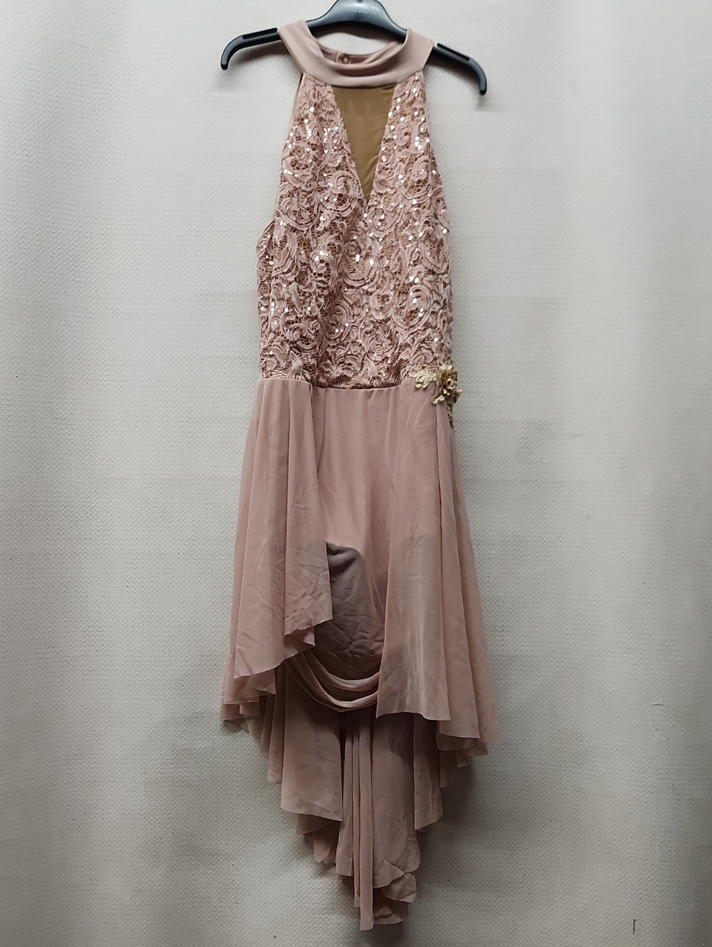 Weissman Rose Blush Sequin High-Low Halter Dress